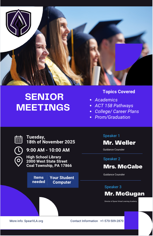 A flyer announces senior meetings with information on academics, college, and graduation.