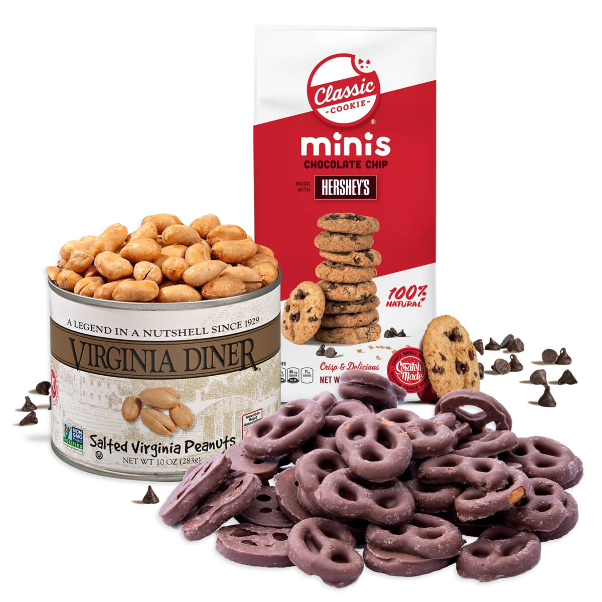 A selection of snacks including peanuts, chocolate chip cookies, and chocolate-covered pretzels.