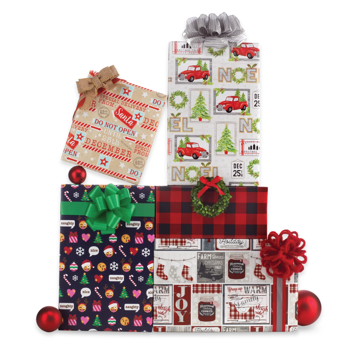 A stack of wrapped Christmas gifts with various festive patterns and bows.