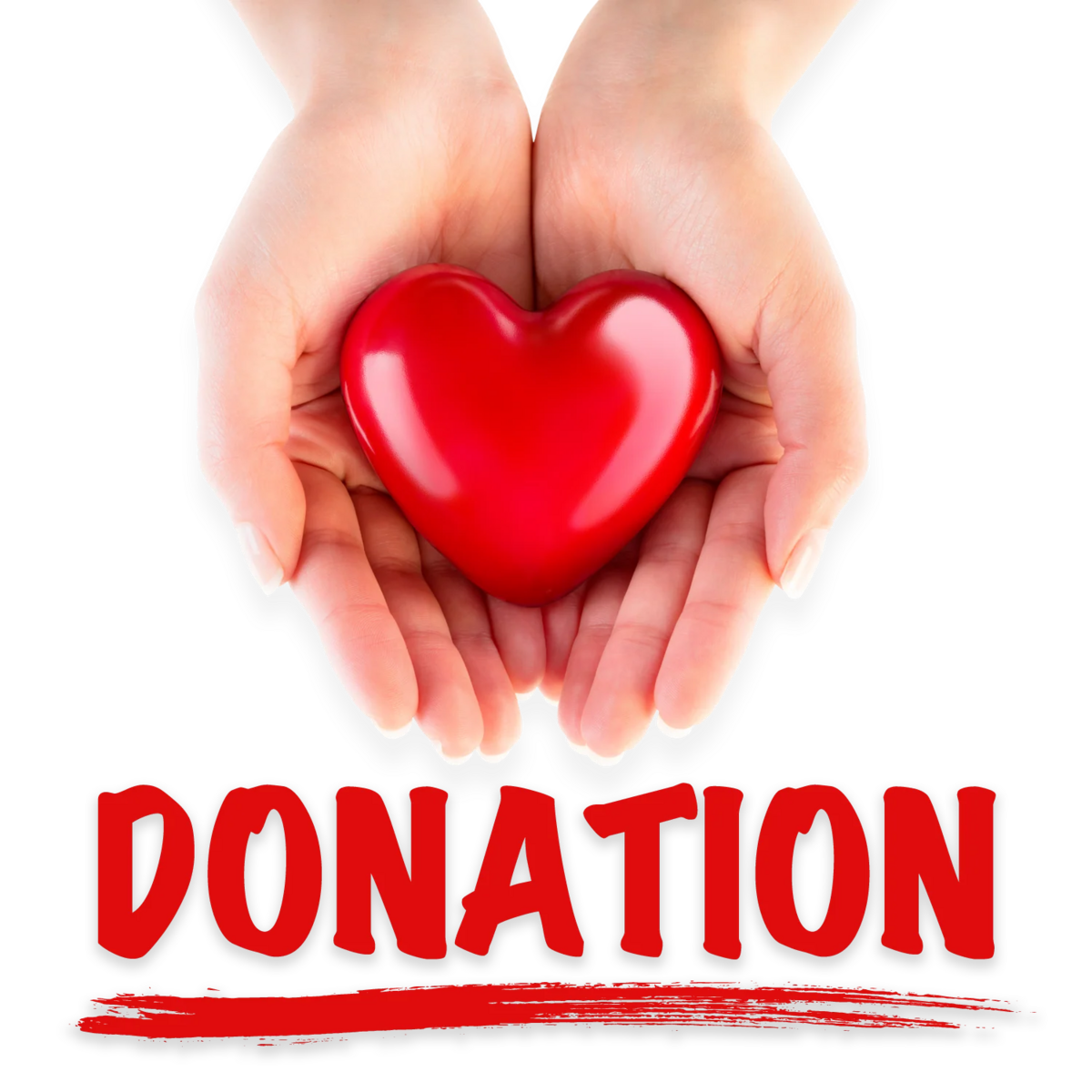 Hands cradle a red heart, with the word 'DONATION' below.