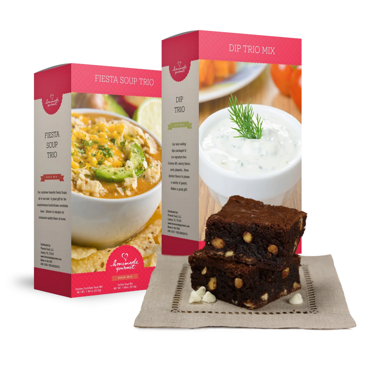 Product packaging displays soup and dip mixes with a brownie on a neutral background.