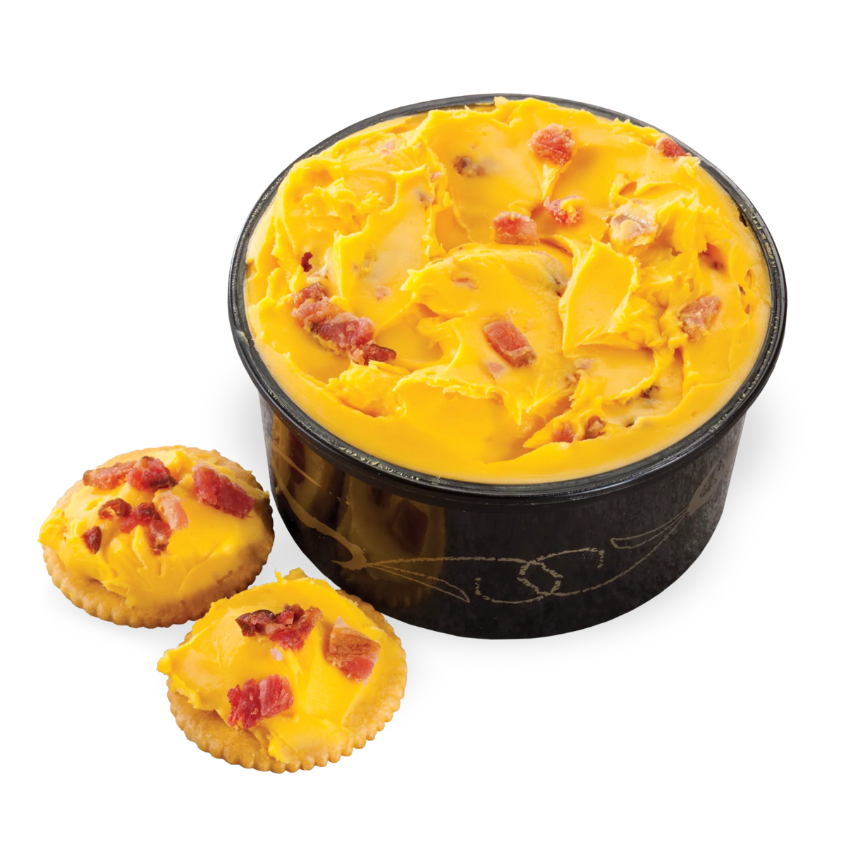 A container of cheesy dip with bacon bits, alongside crackers.