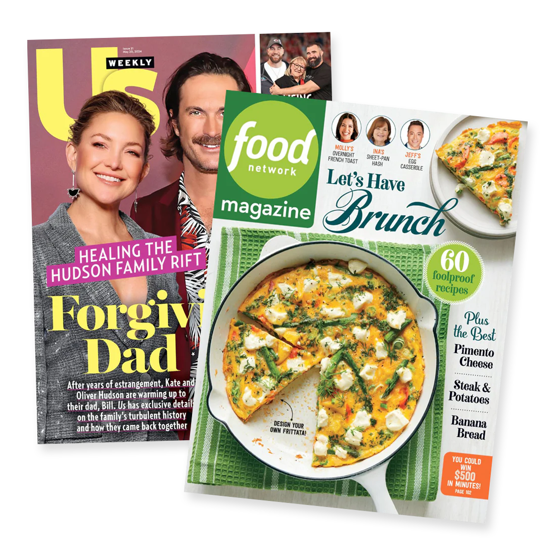 Magazine covers featuring celebrities and a Food Network magazine with brunch recipes.