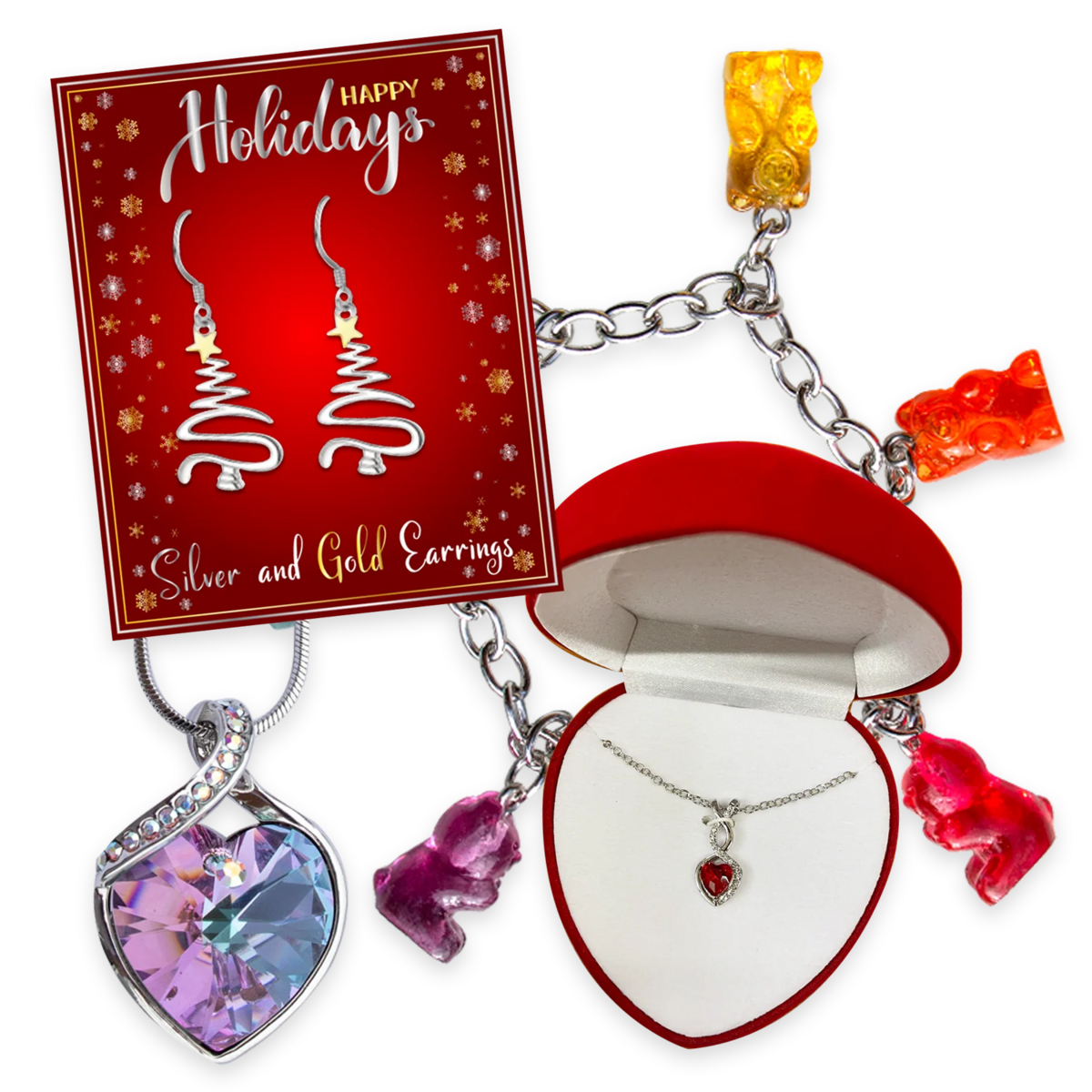 Holiday-themed jewelry display with earrings, necklaces, and a charm bracelet.