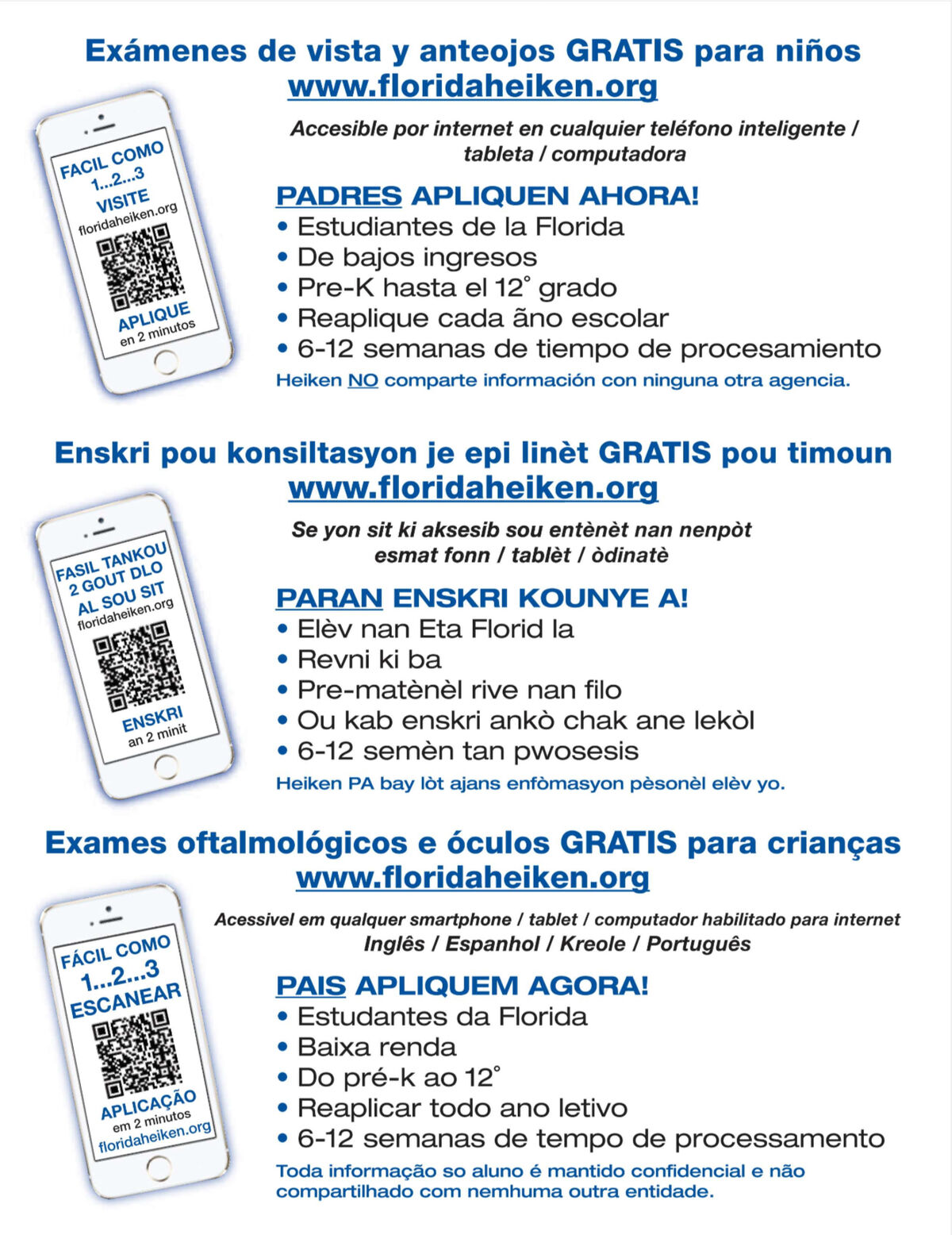 Flyers in multiple languages advertise free eye exams and glasses for children.