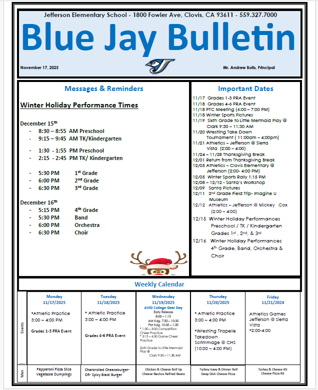 A school bulletin titled 'Blue Jay Bulletin' with event listings and a calendar.