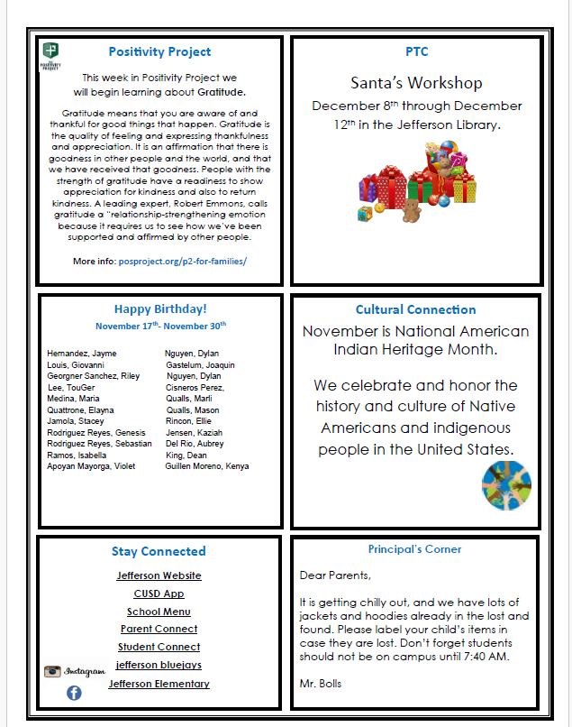 School newsletter with announcements about gratitude, birthdays, and events.