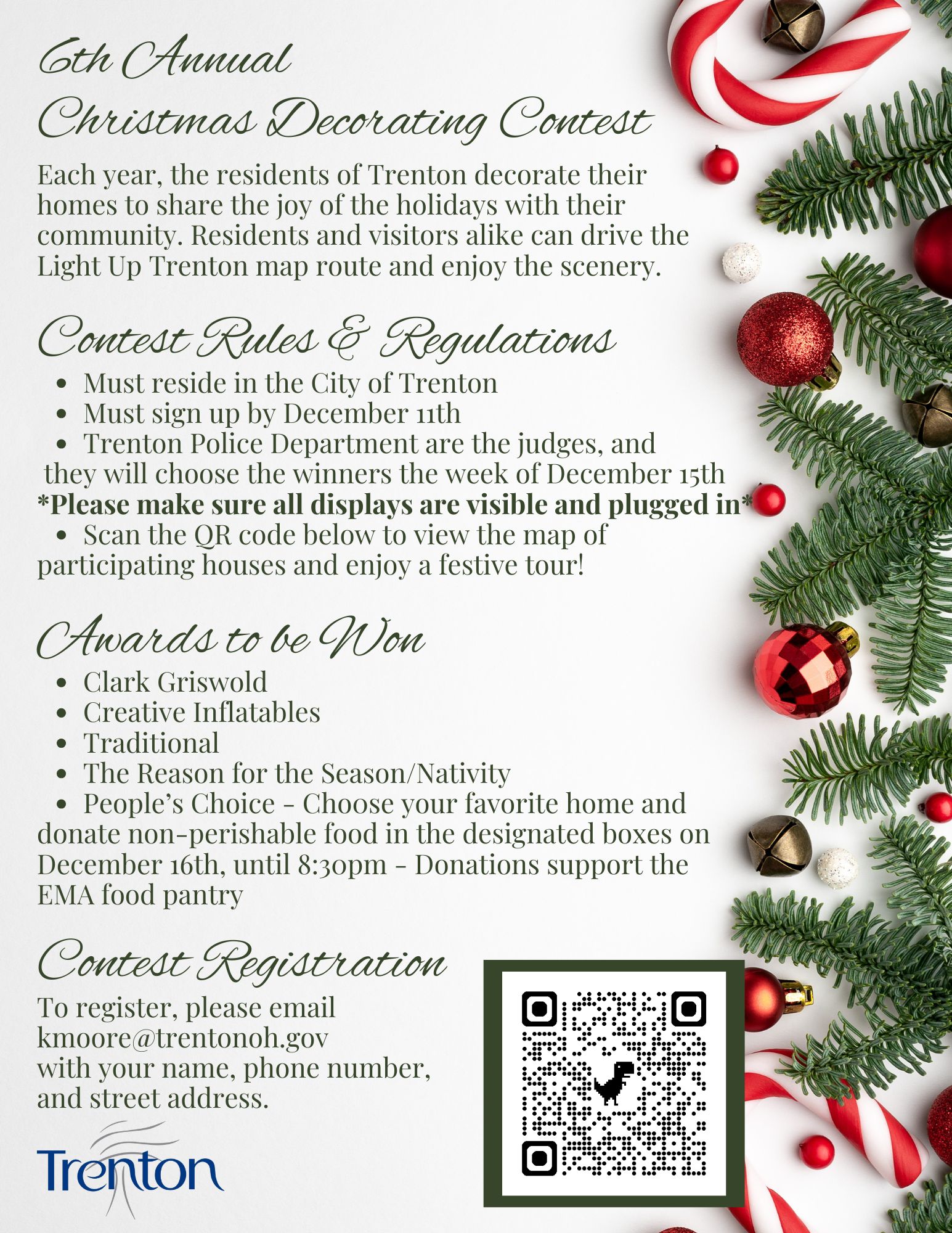 An announcement for the 6th Annual Christmas Decorating Contest in Trenton, Ohio.