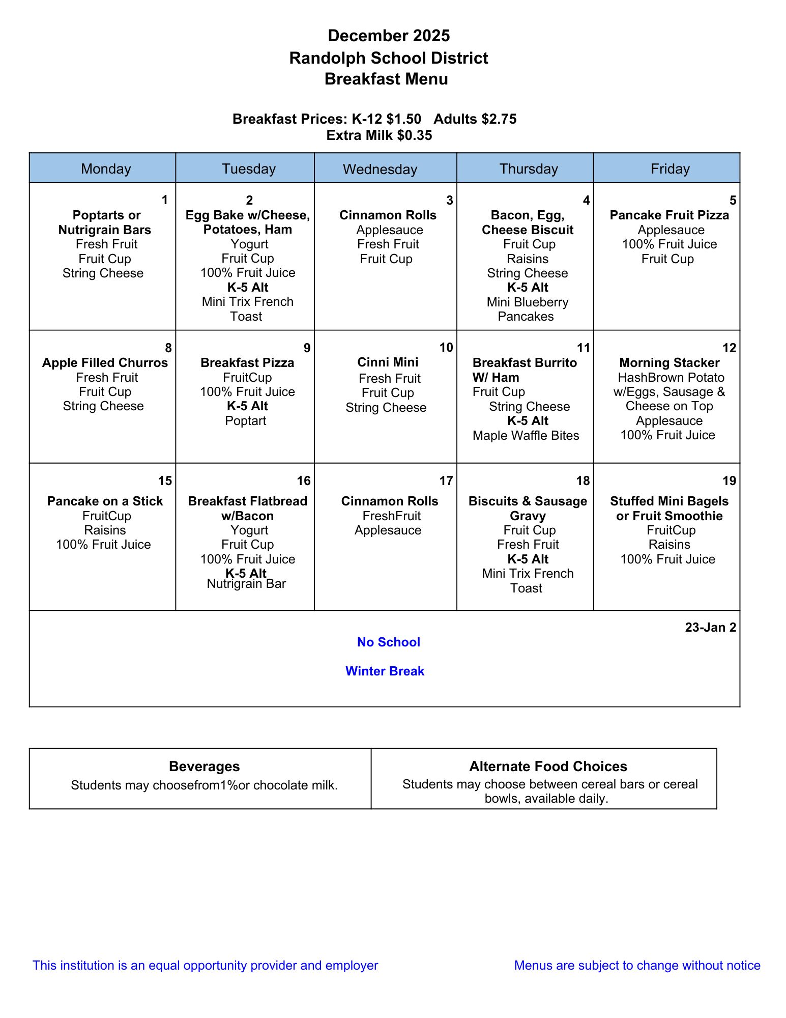 A school breakfast menu for December 2025 lists daily meal options.