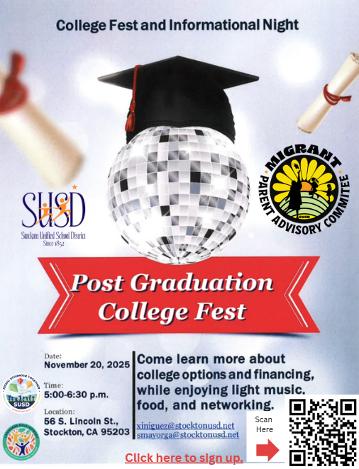 Poster for a College Fest and Informational Night, featuring a graduation cap and disco ball.