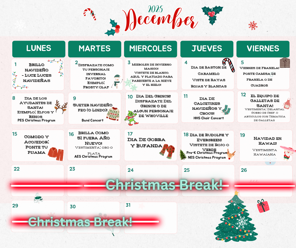 A colorful December 2025 calendar with festive themes and daily dress-up suggestions.