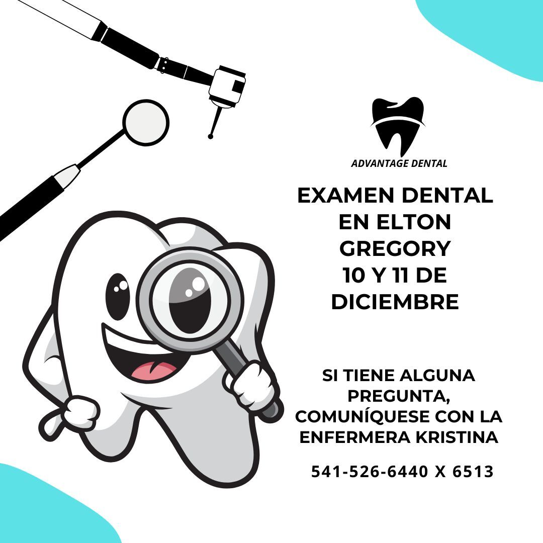 Dental exam announcement with a cartoon tooth holding a magnifying glass.