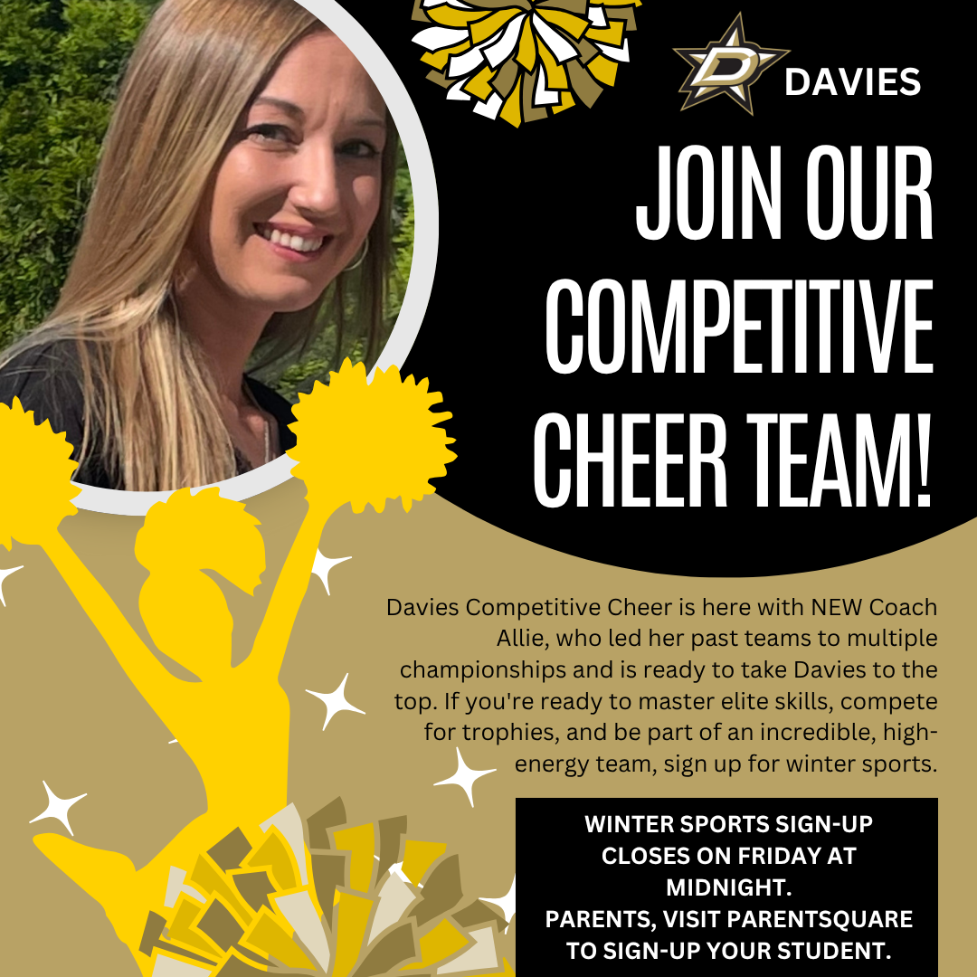 Promotional graphic for Davies Competitive Cheer team, featuring a smiling woman and cheerleading elements.