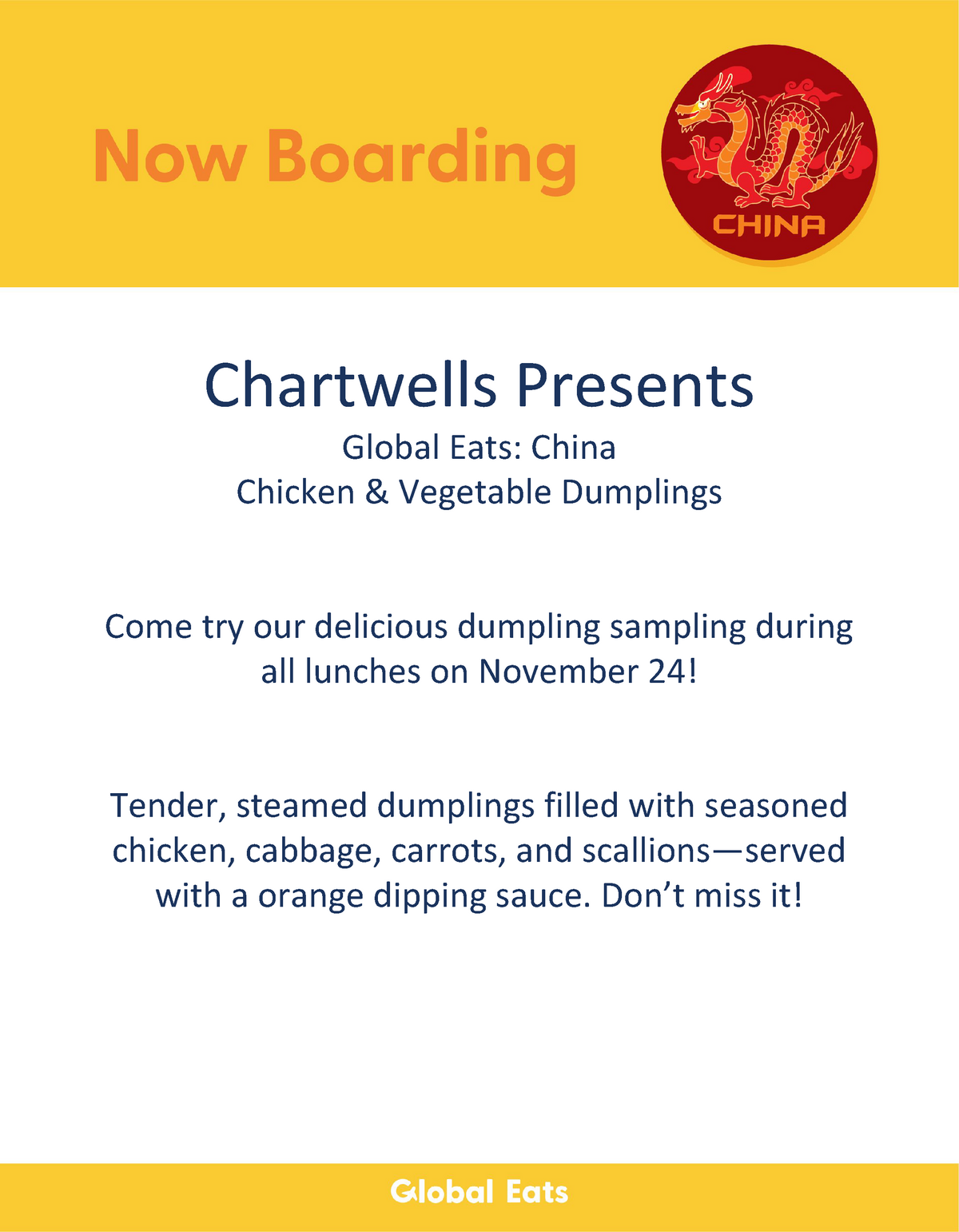 An advertisement for Chinese chicken and vegetable dumplings.