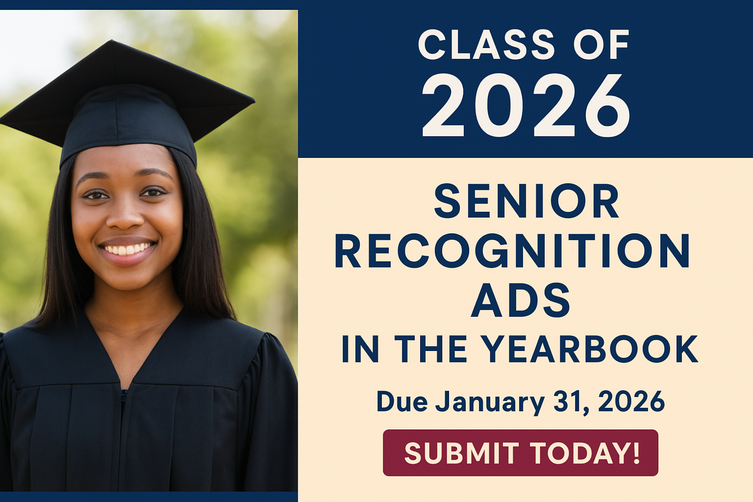 A smiling graduate in a cap and gown is featured in a yearbook ad.
