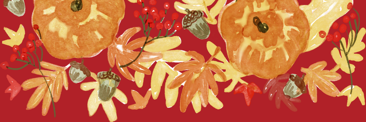 Watercolor illustration of autumn leaves, acorns, and berries on a red background.