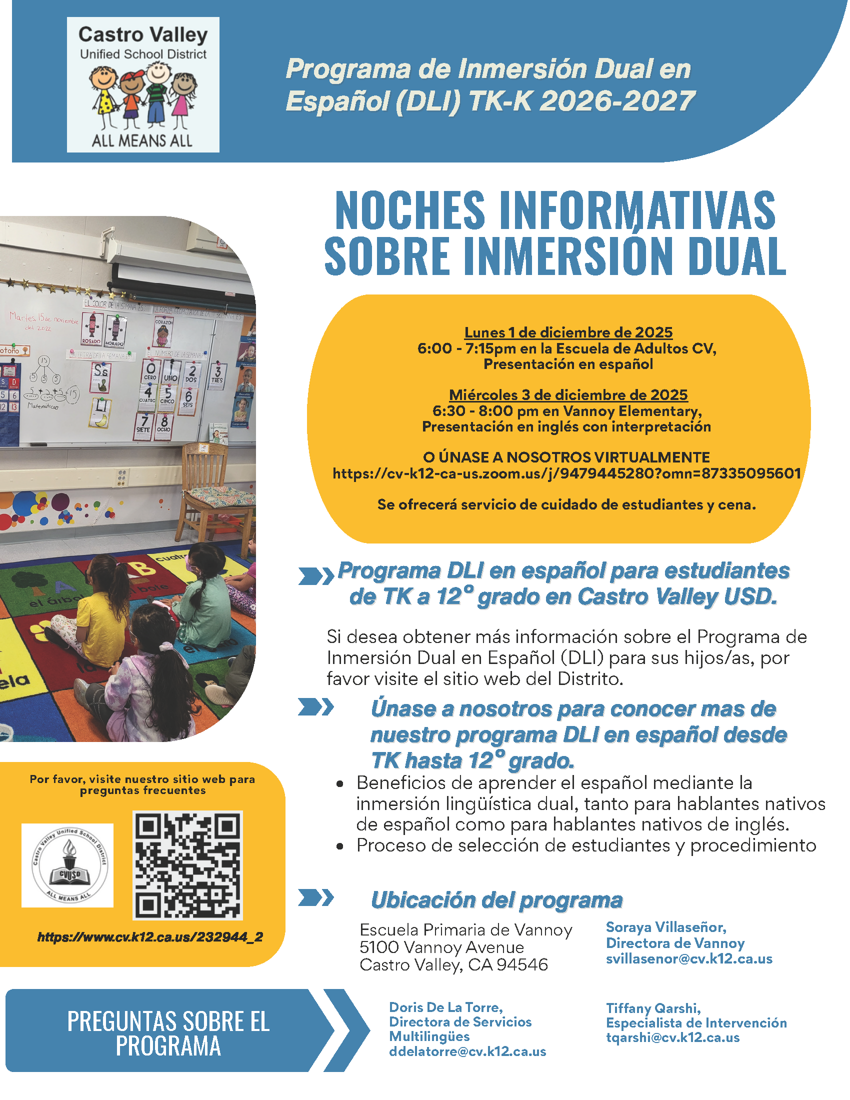 Informational flyer for a Dual Immersion program in Spanish for Castro Valley schools.