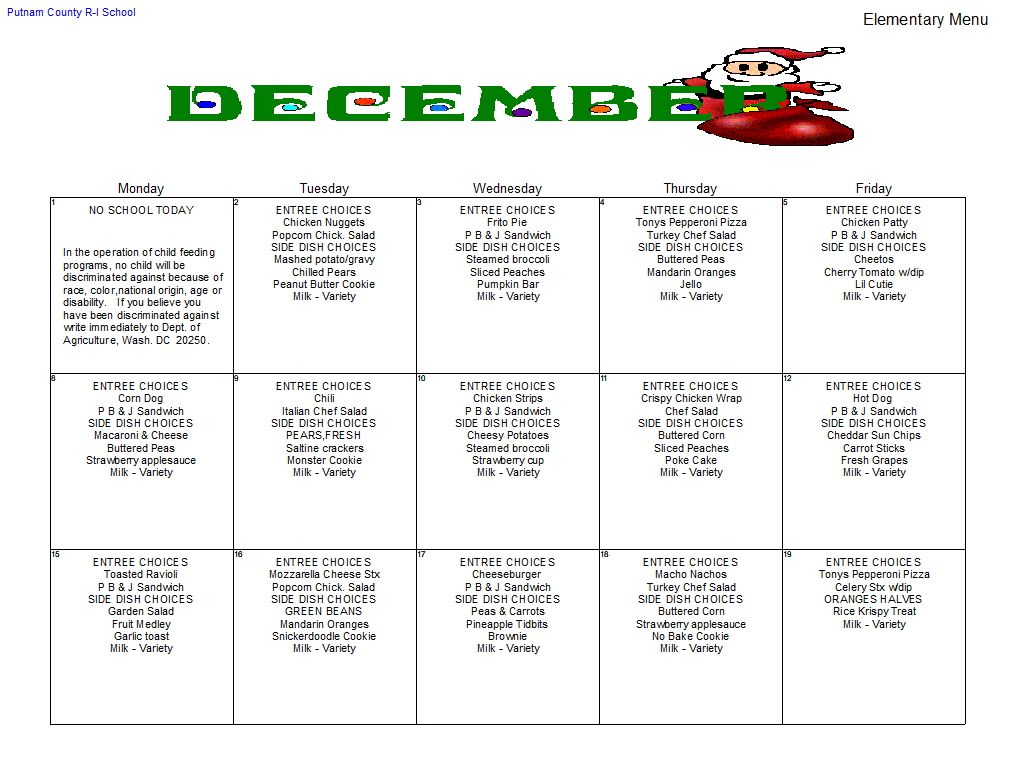 december 2025 elementary lunch menu calendar