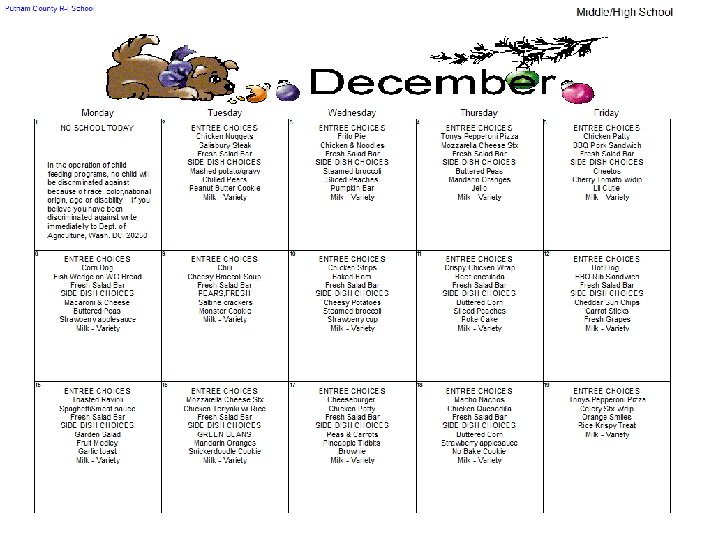 december 2025 middle and high school lunch menu