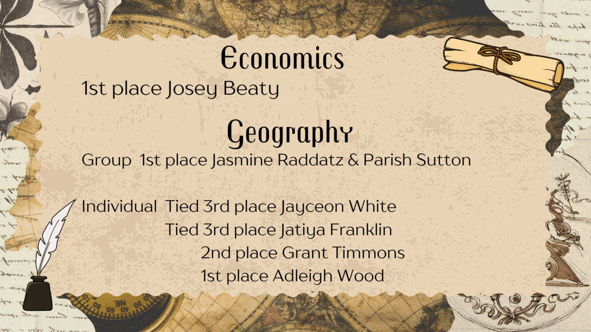 An awards graphic lists Economics and Geography winners.