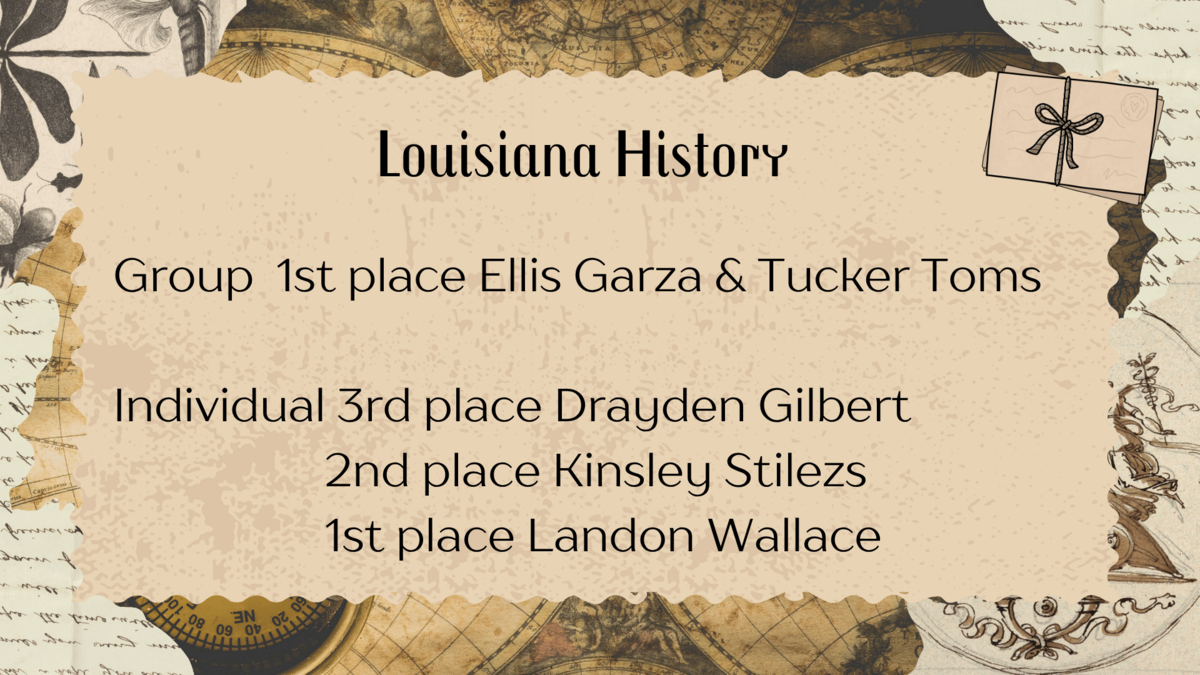 A decorative poster announces Louisiana History competition winners.