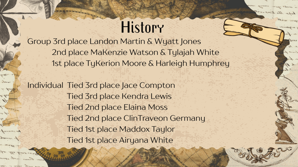 A list of history competition winners is displayed on a parchment-style background.