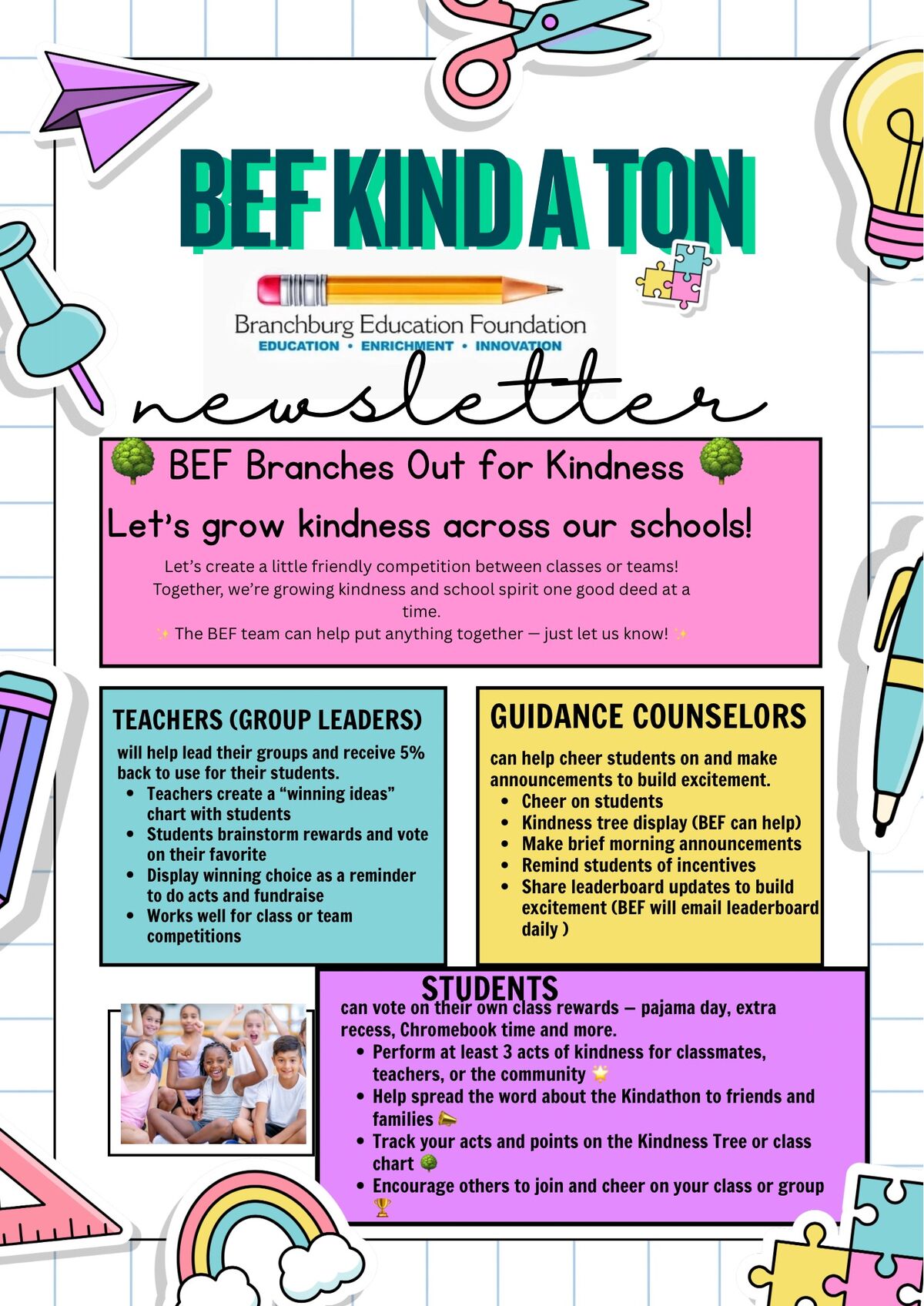 A colorful newsletter promoting kindness initiatives in schools, with text and illustrations.