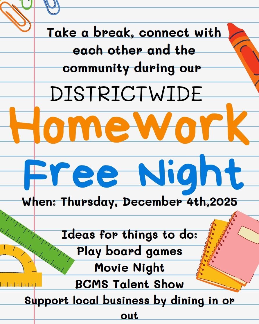 A colorful flyer announces a Districtwide Homework Free Night.