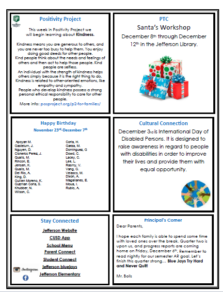 A school flyer with announcements about kindness, birthdays, and upcoming events.