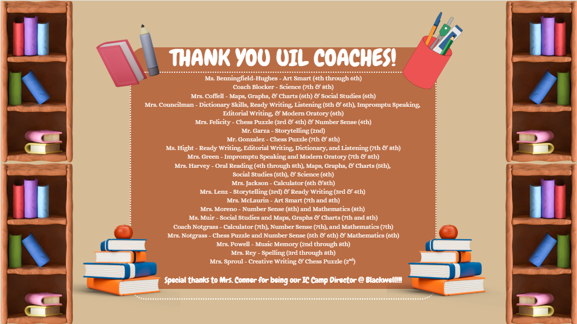 A thank you message to UIL coaches, with book and pencil illustrations.