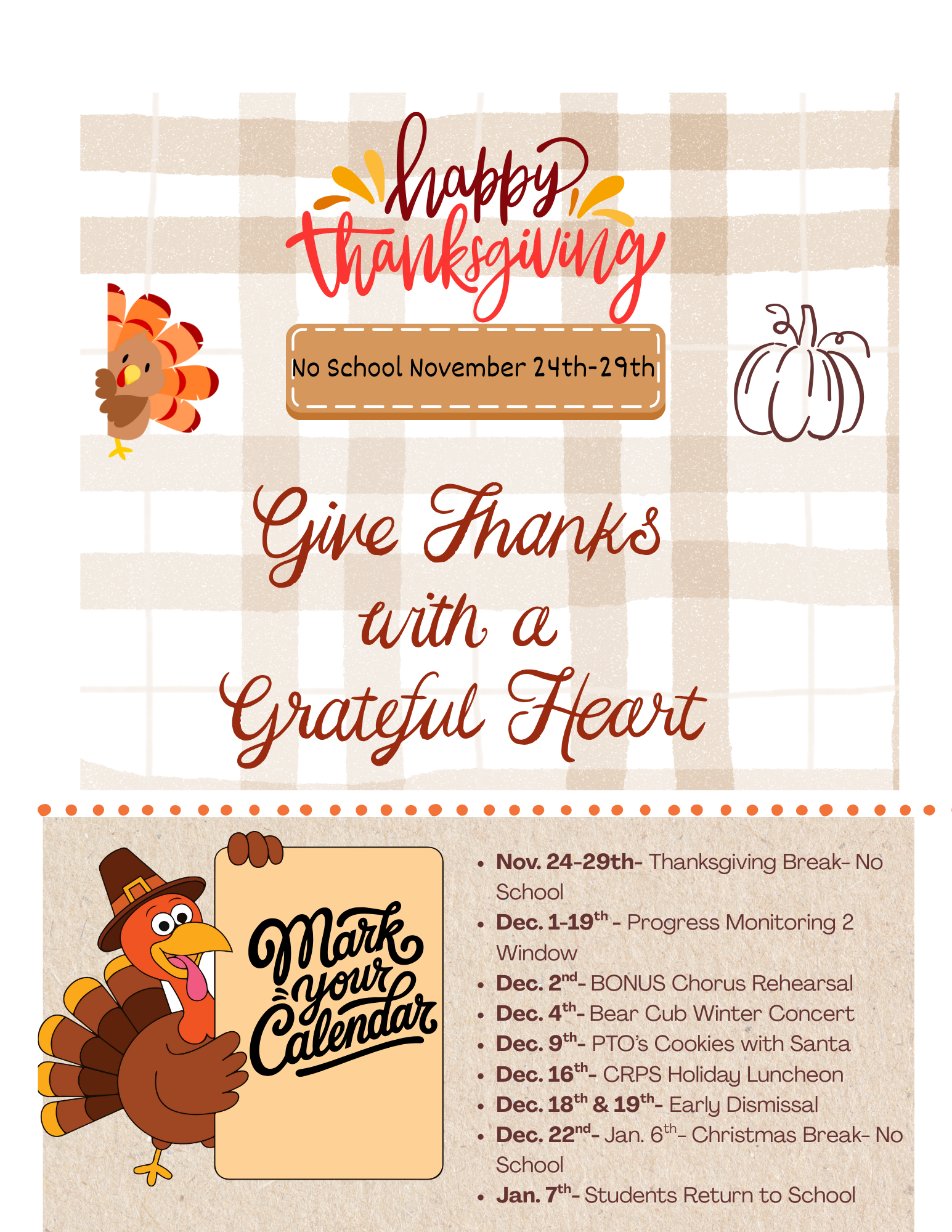 Thanksgiving-themed graphic with a turkey, pumpkin, and calendar reminders.