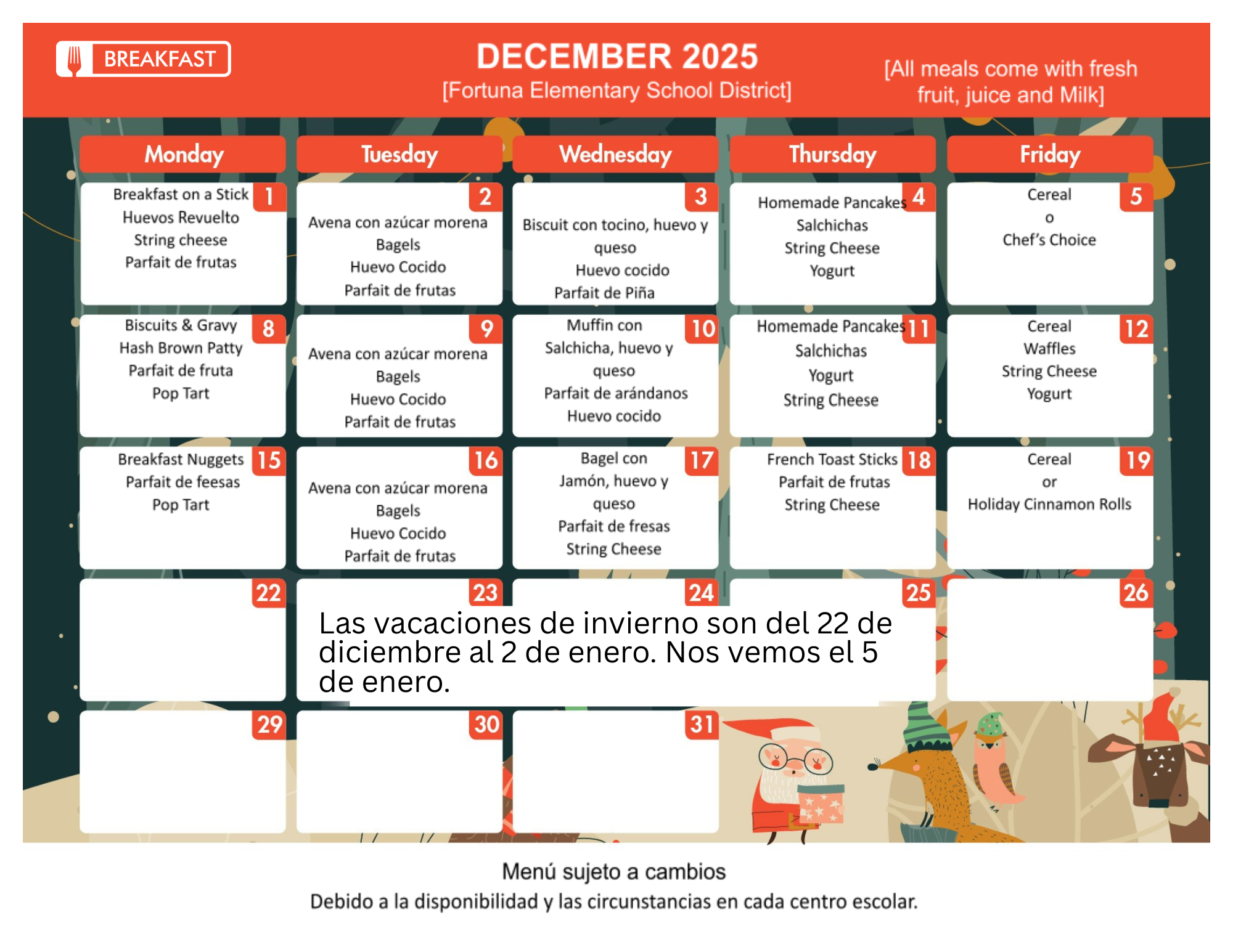 A school breakfast menu for December 2025, with daily meal options.
