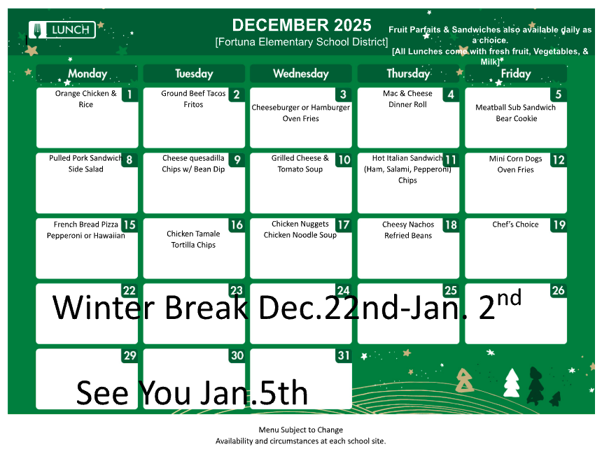 A school lunch menu for December 2025, listing daily meal options.