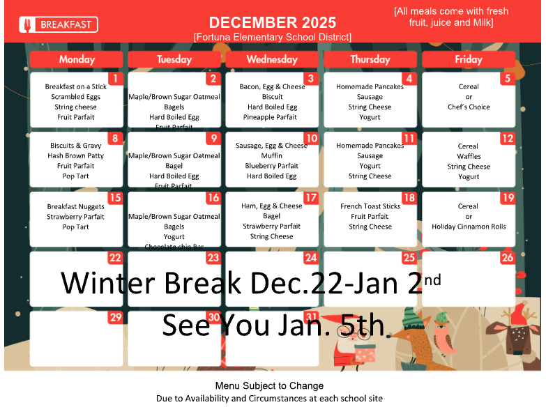 A school breakfast menu for December 2025, listing daily meal options.