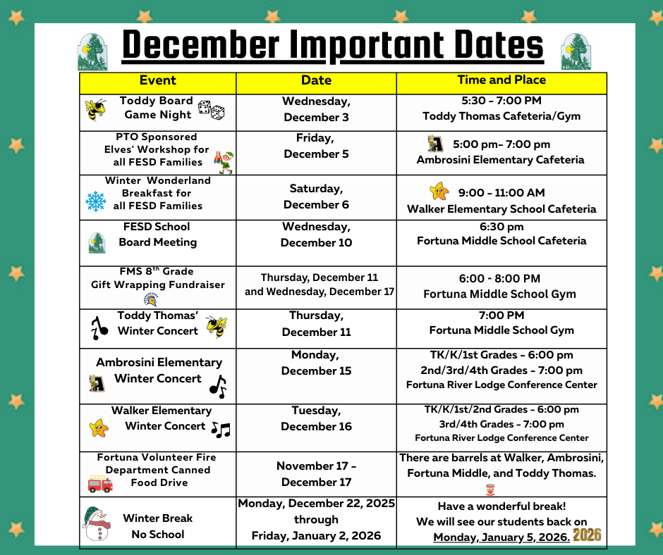A colorful flyer lists December important dates for school events.