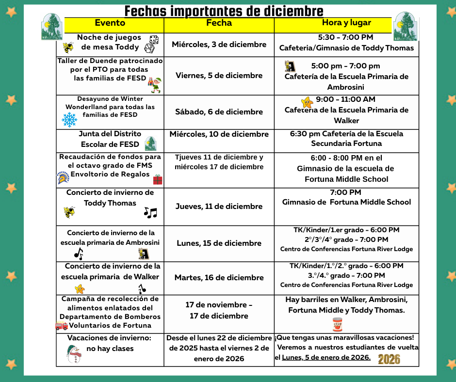 A colorful flyer lists important December dates for school events.