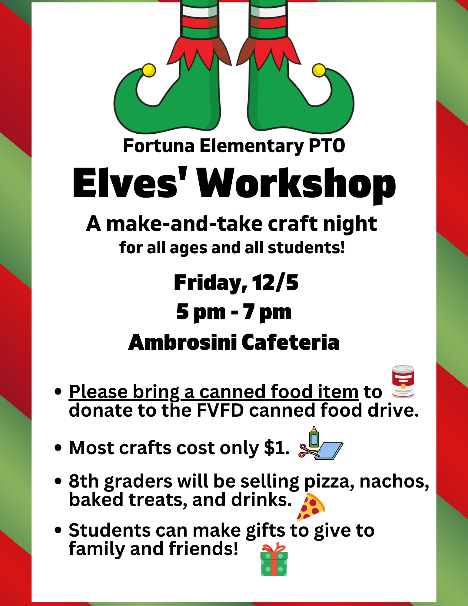 A flyer announces an Elves' Workshop craft night at Fortuna Elementary.