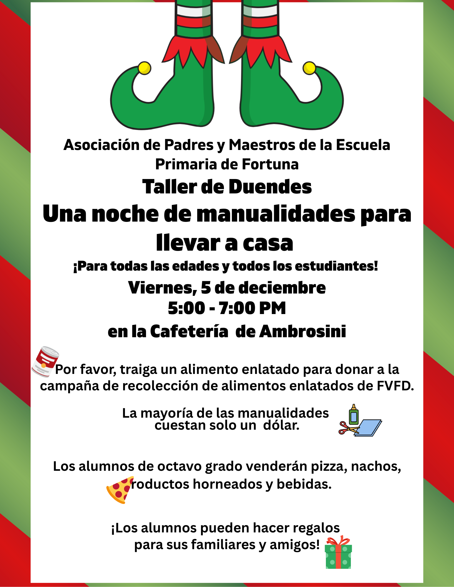Flyer for a craft night at Fortuna Elementary School, with elf feet graphic.