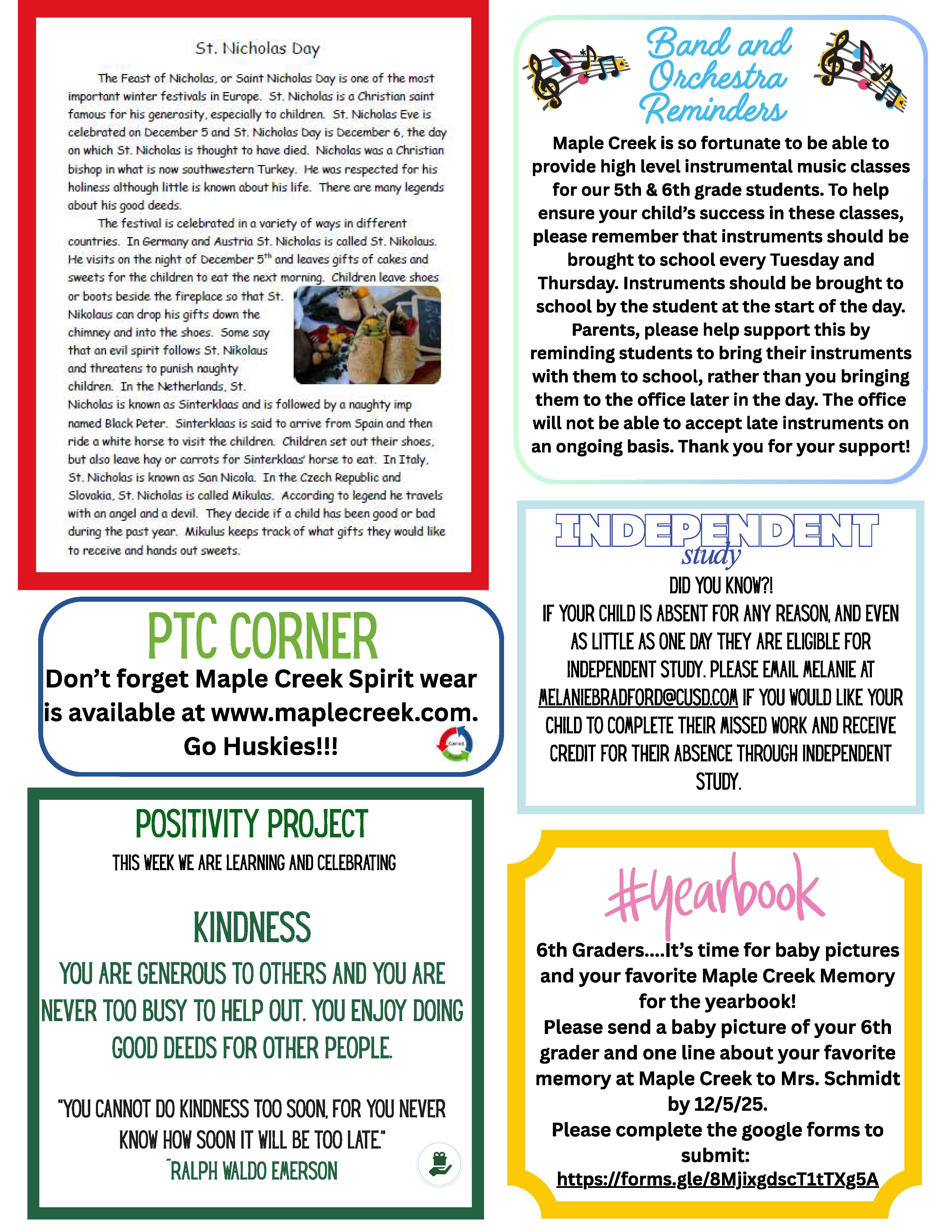 A colorful flyer with announcements about school events and reminders.