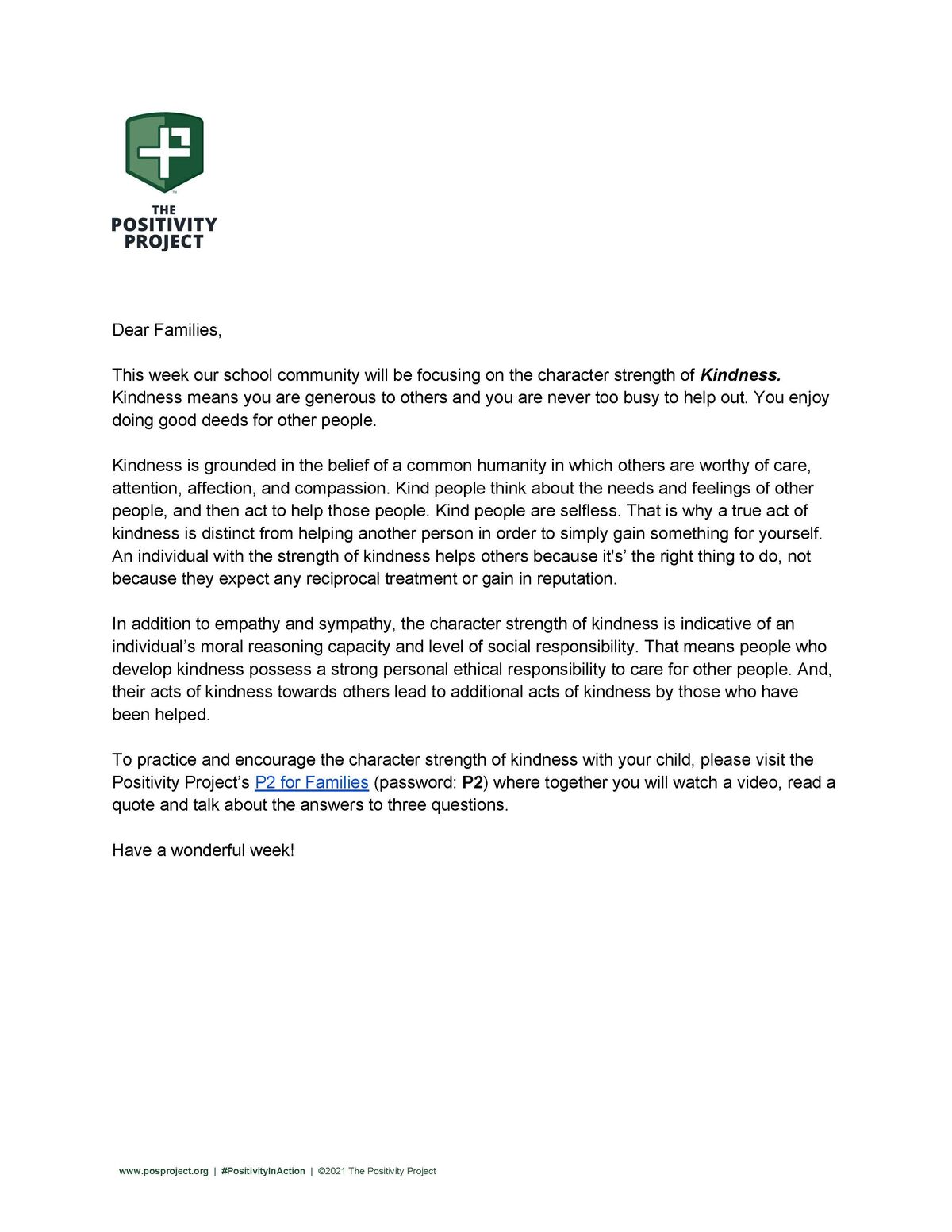 A letter from The Positivity Project discusses the character strength of kindness.