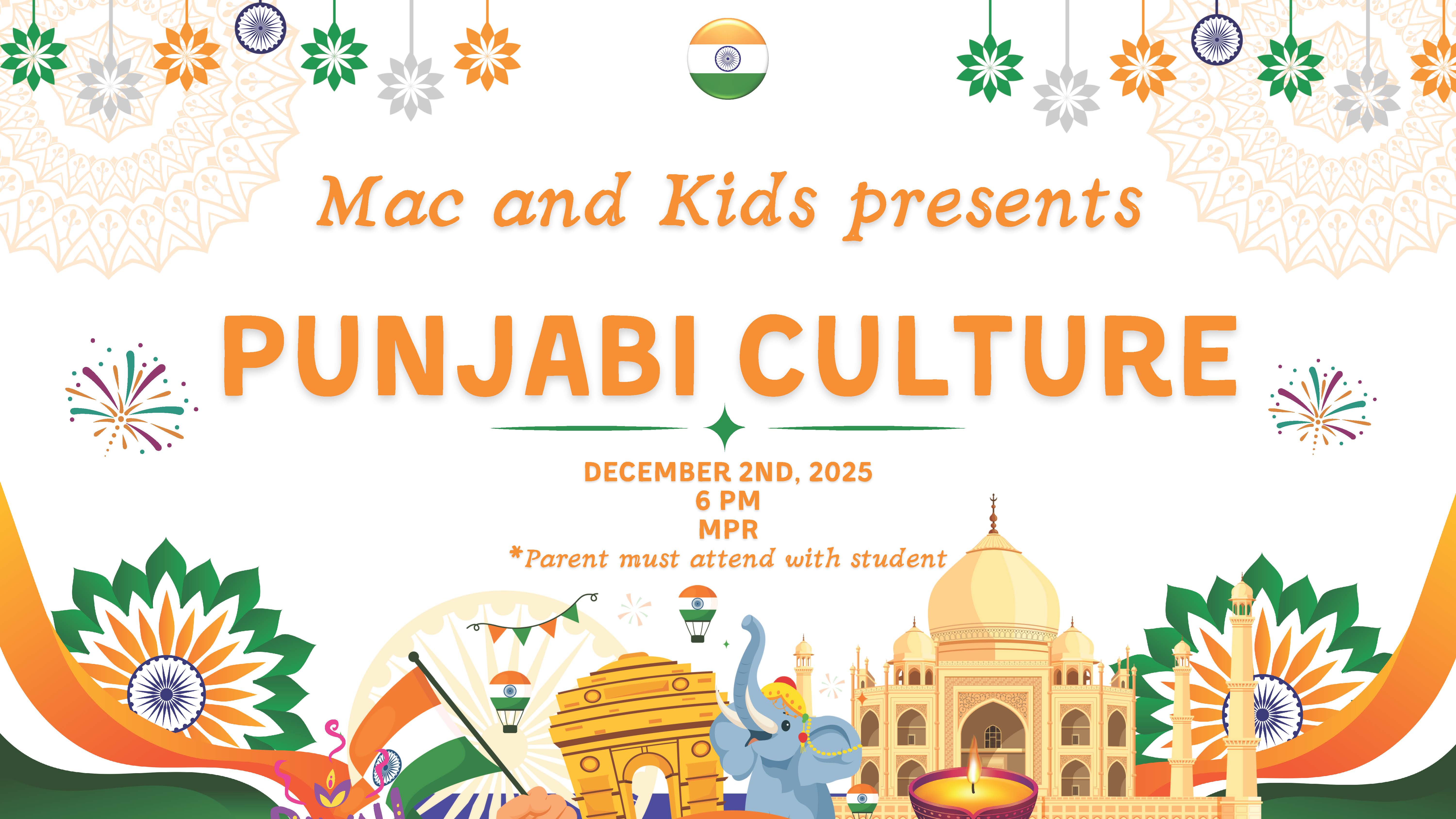 An event poster announces a Punjabi Culture presentation by Mac and Kids.