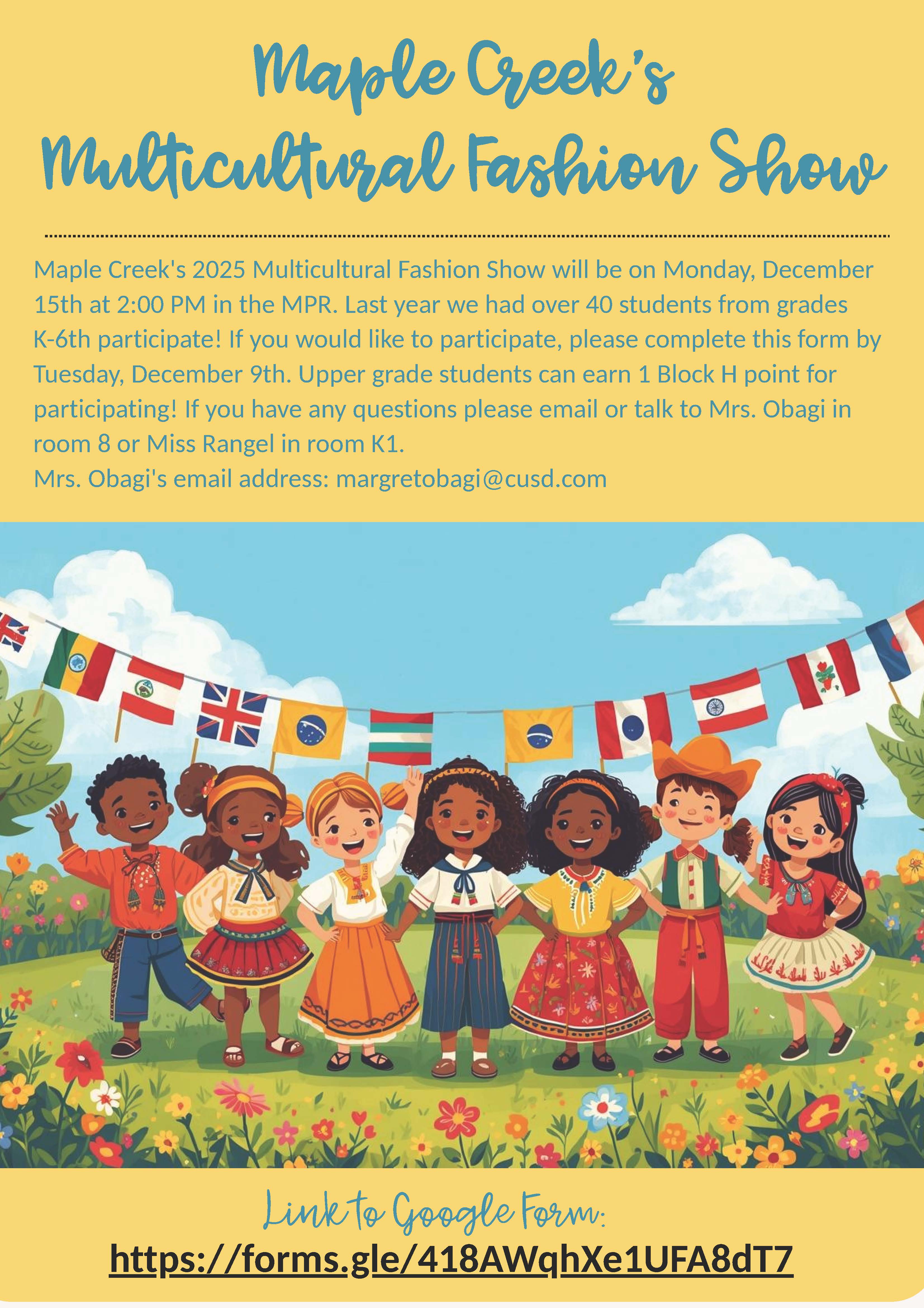 Poster for Maple Creek's Multicultural Fashion Show, featuring children in diverse outfits.