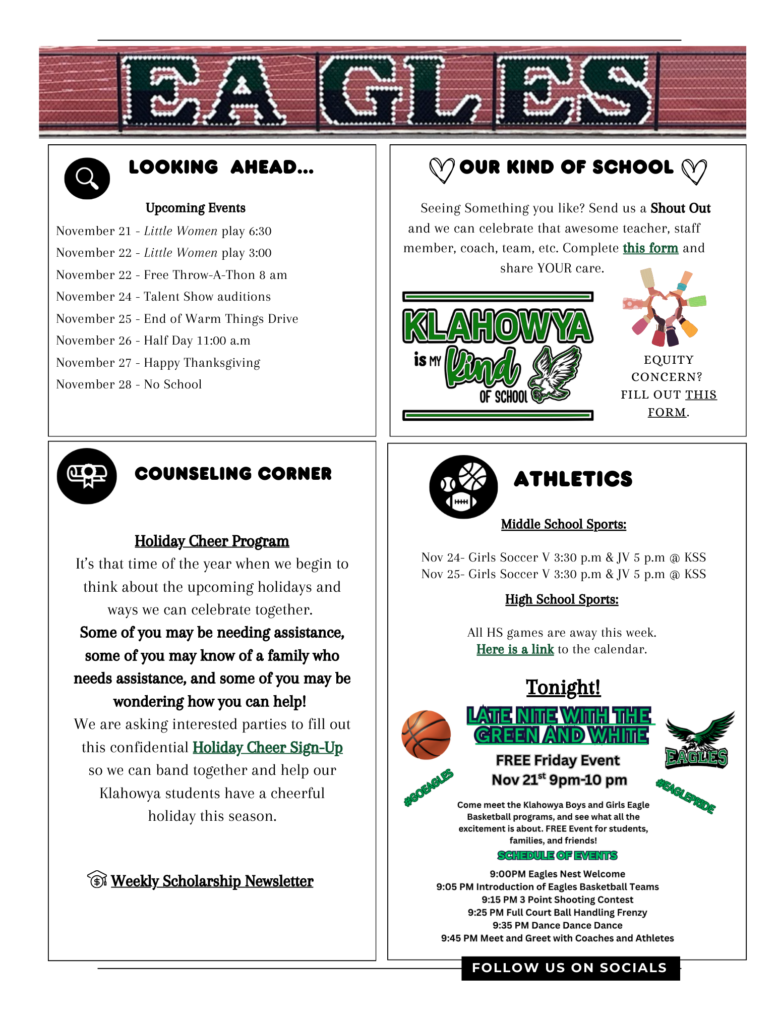 A school bulletin board with upcoming events, sports schedules, and community announcements.