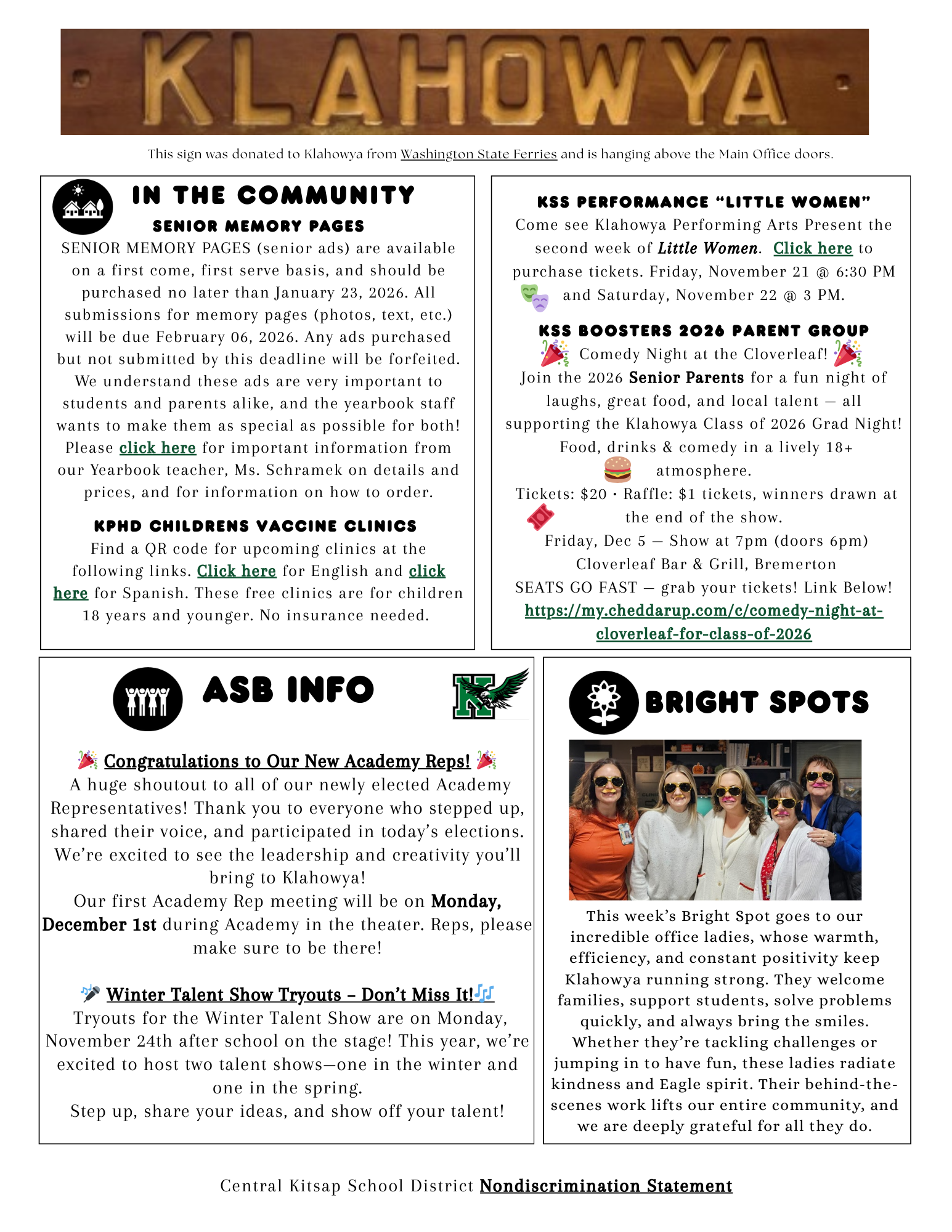 A bulletin board displays announcements for school events and community information.