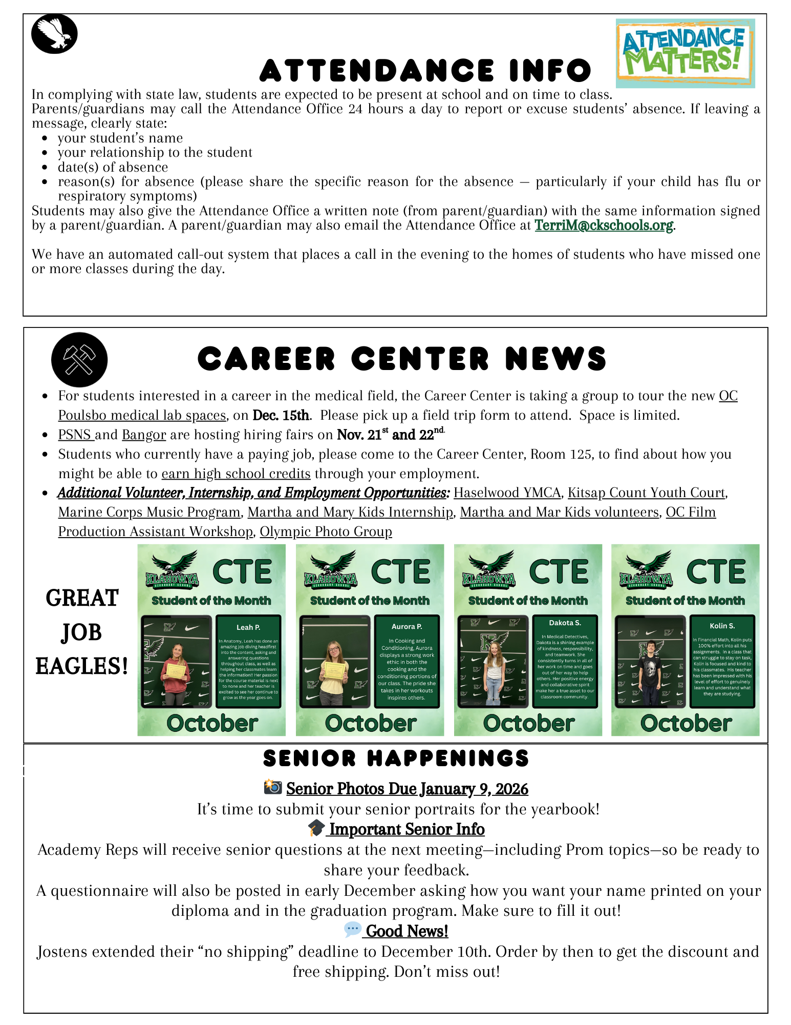 School bulletin board with announcements about attendance, career center, and senior happenings.