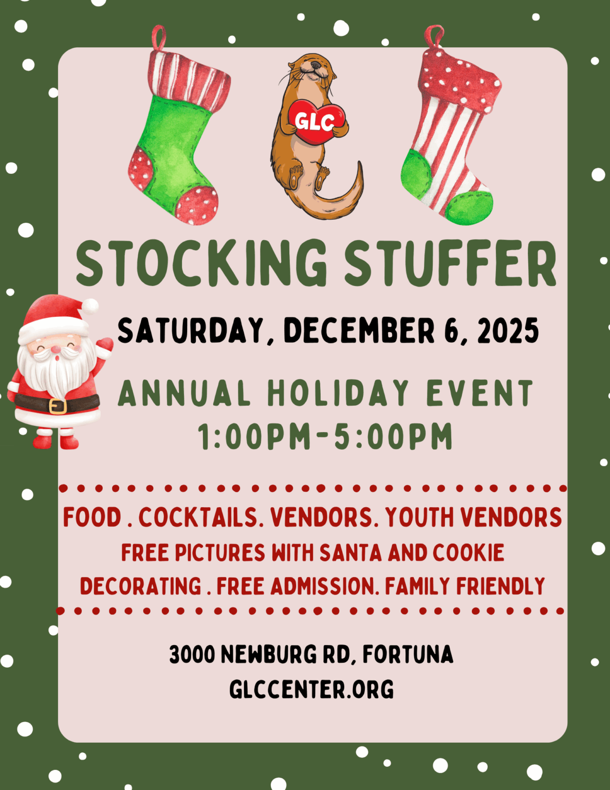 Holiday event flyer with stockings, an otter, and Santa Claus.