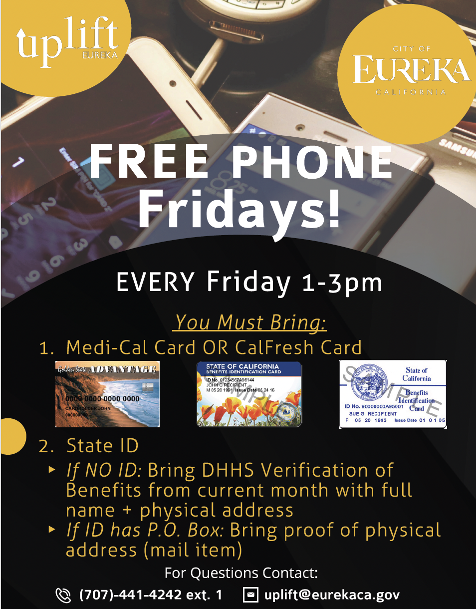 Flyer promoting 'Free Phone Fridays' in Eureka, California, with details on requirements.