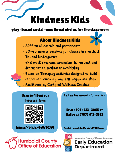 A colorful flyer promotes the 'Kindness Kids' program for preschool and kindergarten.
