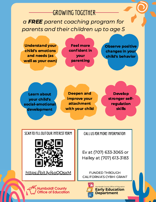 A colorful flyer promoting a free parent coaching program for parents and children up to age 5.