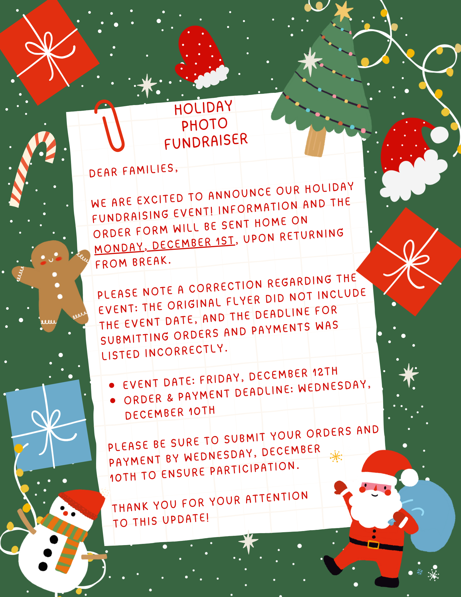 A festive holiday photo fundraiser announcement with Christmas decorations.